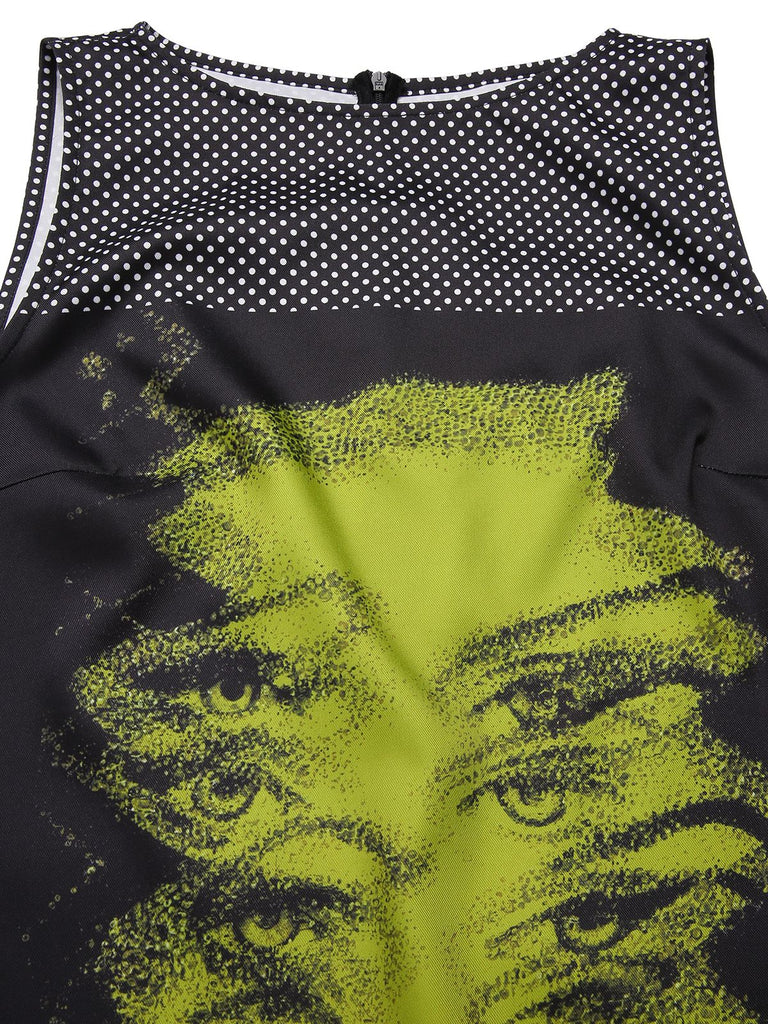 Black 1960s Face Print Polka Dot Dress