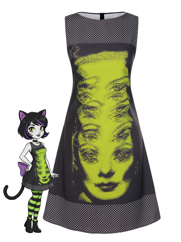 Black 1960s Face Print Polka Dot Dress