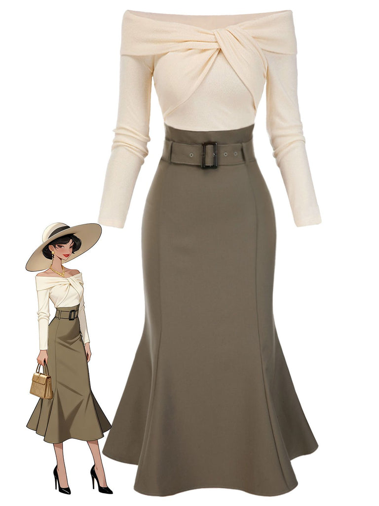 Khaki 1930s Off Shoulder Knit Belt Mermaid Dress