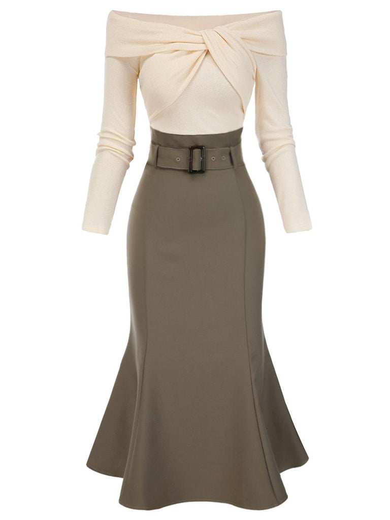 Khaki 1930s Off Shoulder Knit Belt Mermaid Dress