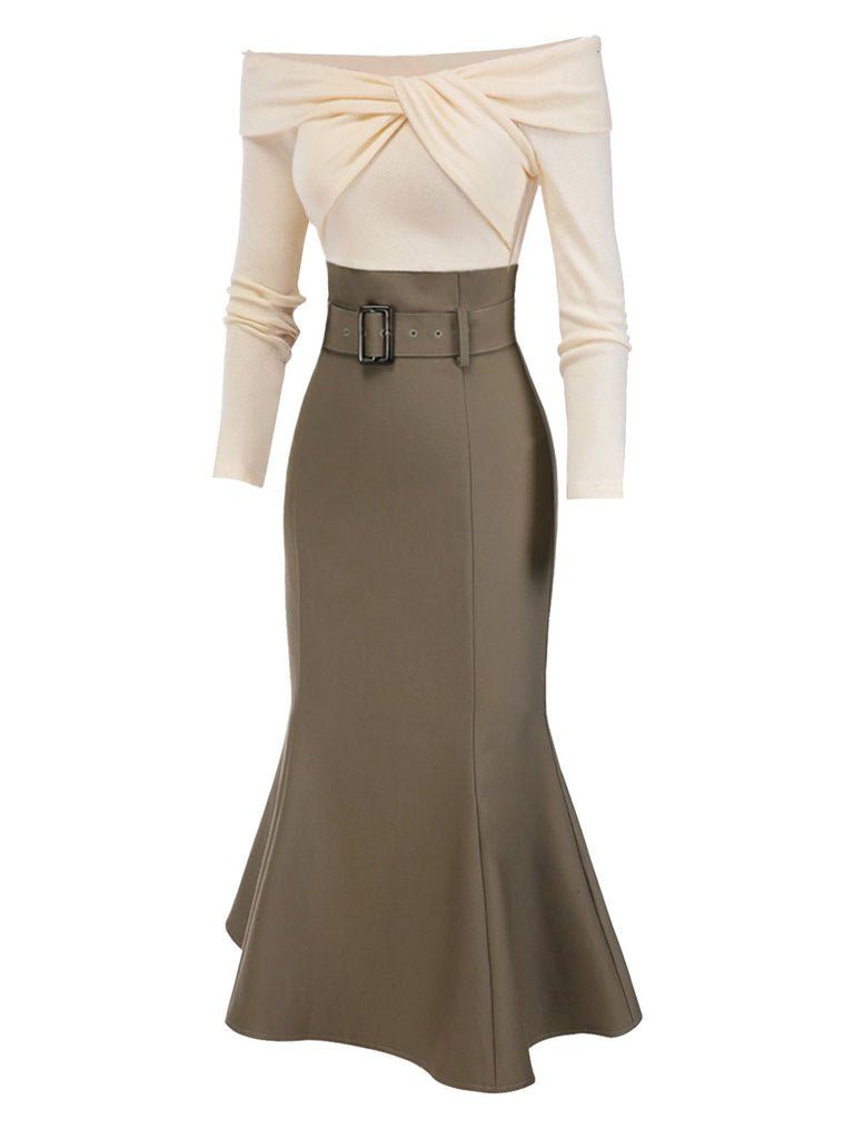 Khaki 1930s Off Shoulder Knit Belt Mermaid Dress