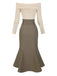 Khaki 1930s Off Shoulder Knit Belt Mermaid Dress