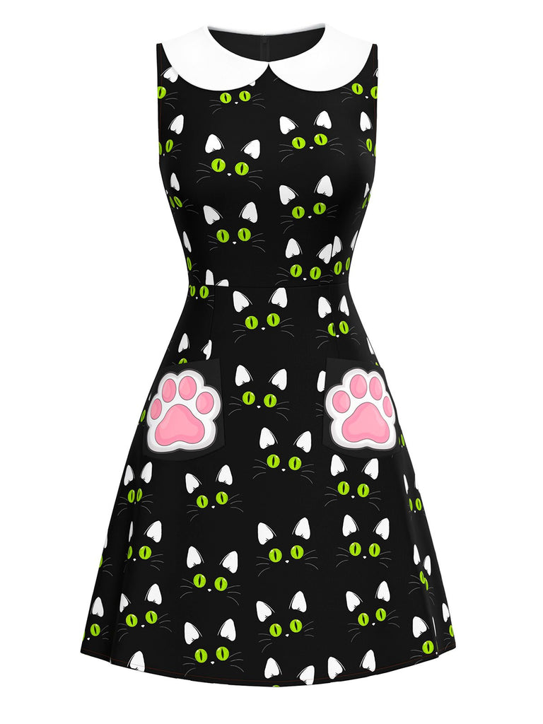 Black 1960s Cat Print Paw Pockets Dress