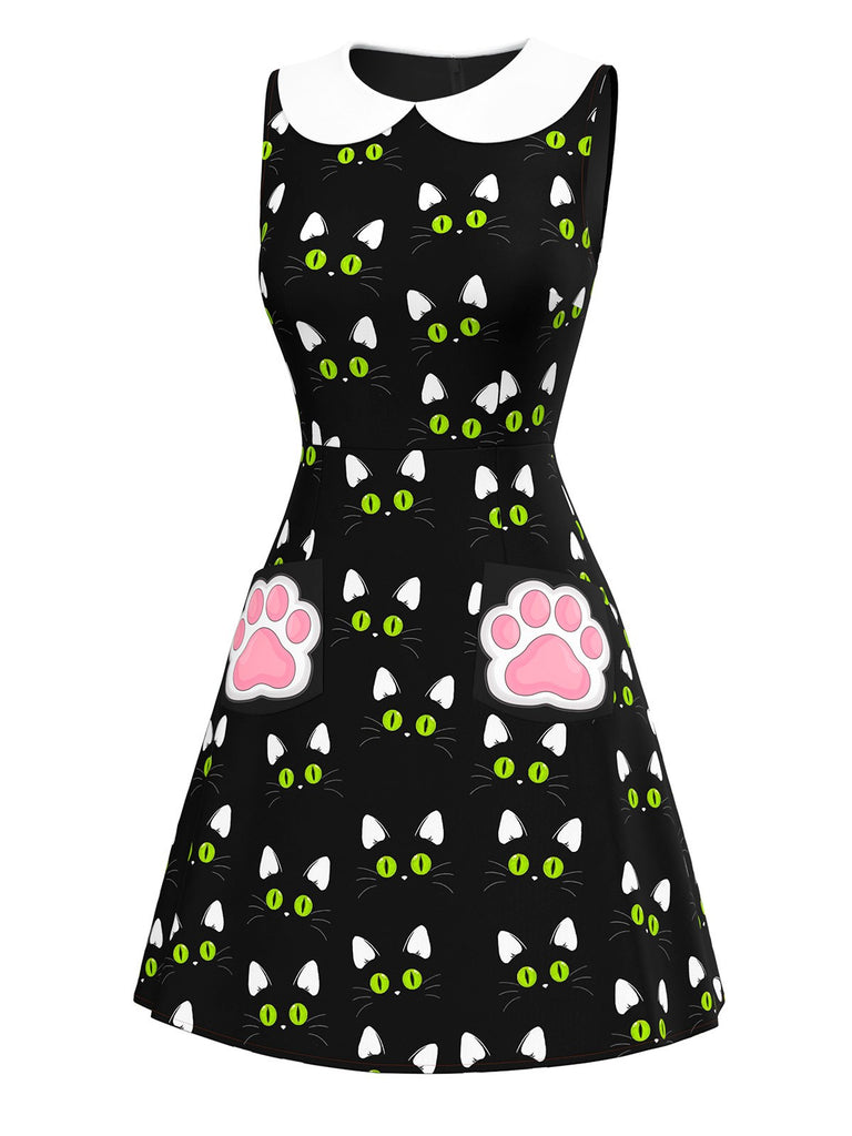 Black 1960s Cat Print Paw Pockets Dress