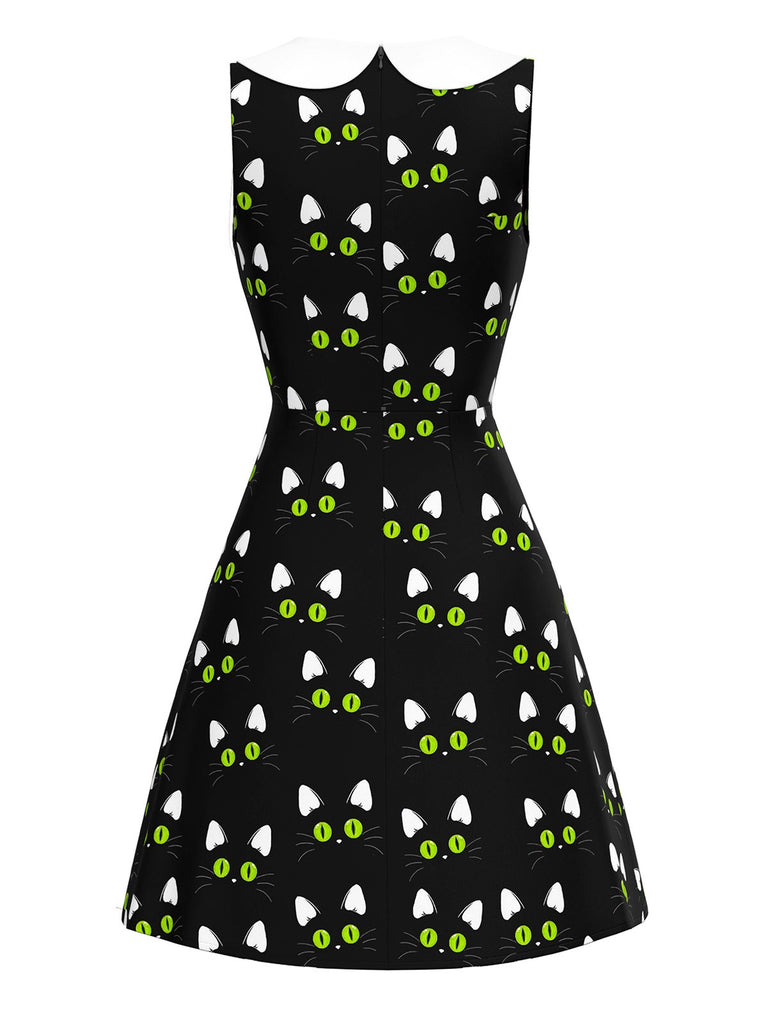 Black 1960s Cat Print Paw Pockets Dress