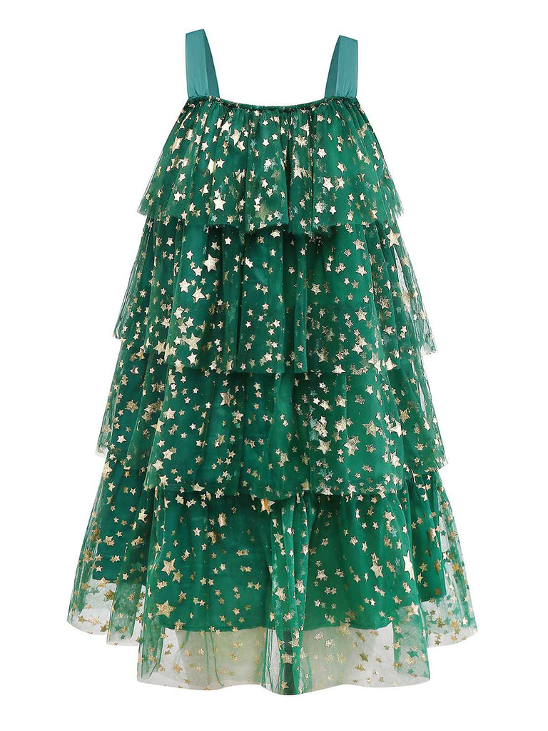 Green 1960s Christmas Tree Pom-Pom Balls Mesh Dress