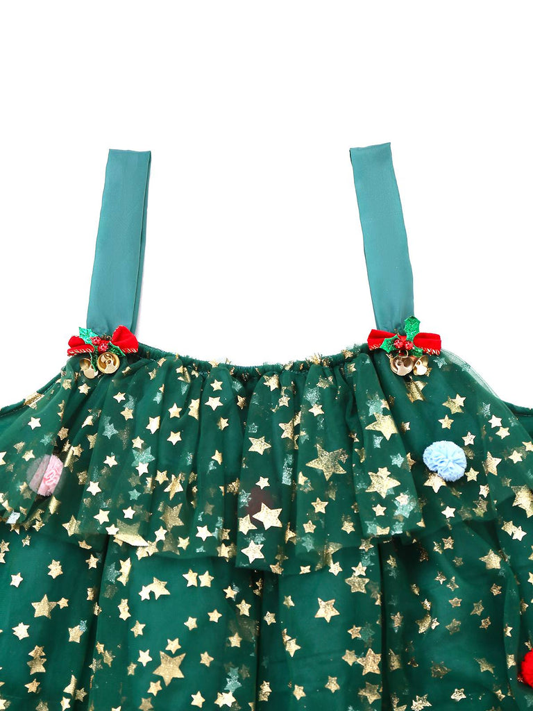 Green 1960s Christmas Tree Pom-Pom Balls Mesh Dress