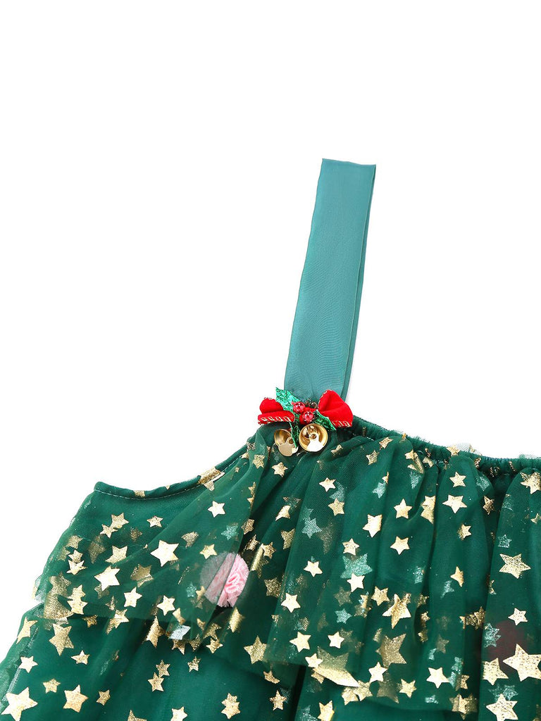 Green 1960s Christmas Tree Pom-Pom Balls Mesh Dress