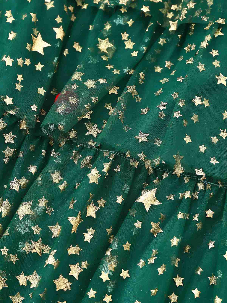 Green 1960s Christmas Tree Pom-Pom Balls Mesh Dress