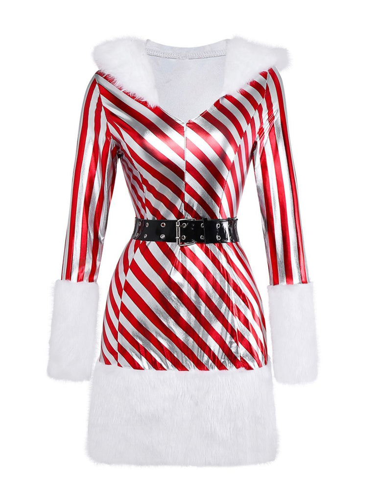 Red 1960s Candy Cane Stripe Hooded Dress & Leg Warmers