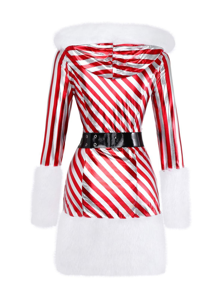 Red 1960s Candy Cane Stripe Hooded Dress & Leg Warmers