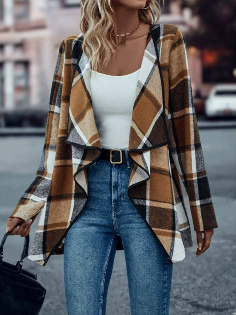 Khaki 1950s Plaid Long Sleeve Irregular Jacket