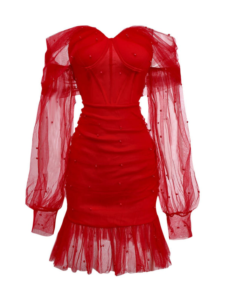 1960s Beading Sweetheart Neck Off-Shoulder Mesh Dress