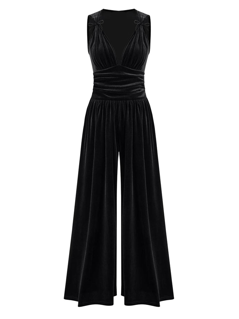 2PCS Black 1950s Mesh Top & Velvet Jumpsuit