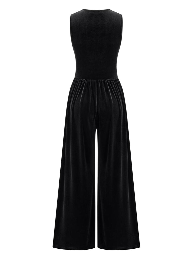 2PCS Black 1950s Mesh Top & Velvet Jumpsuit