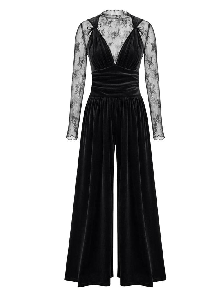 2PCS Black 1950s Mesh Top & Velvet Jumpsuit