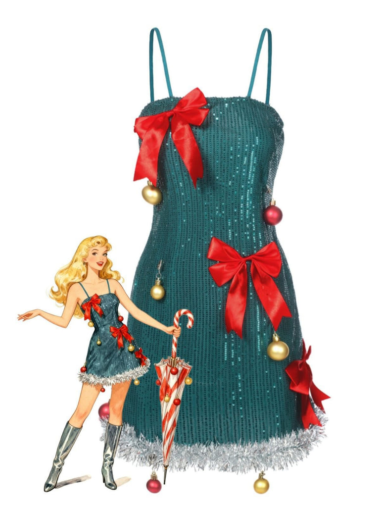 Green 1960s Bow & Christmas Bell Sequin Dress