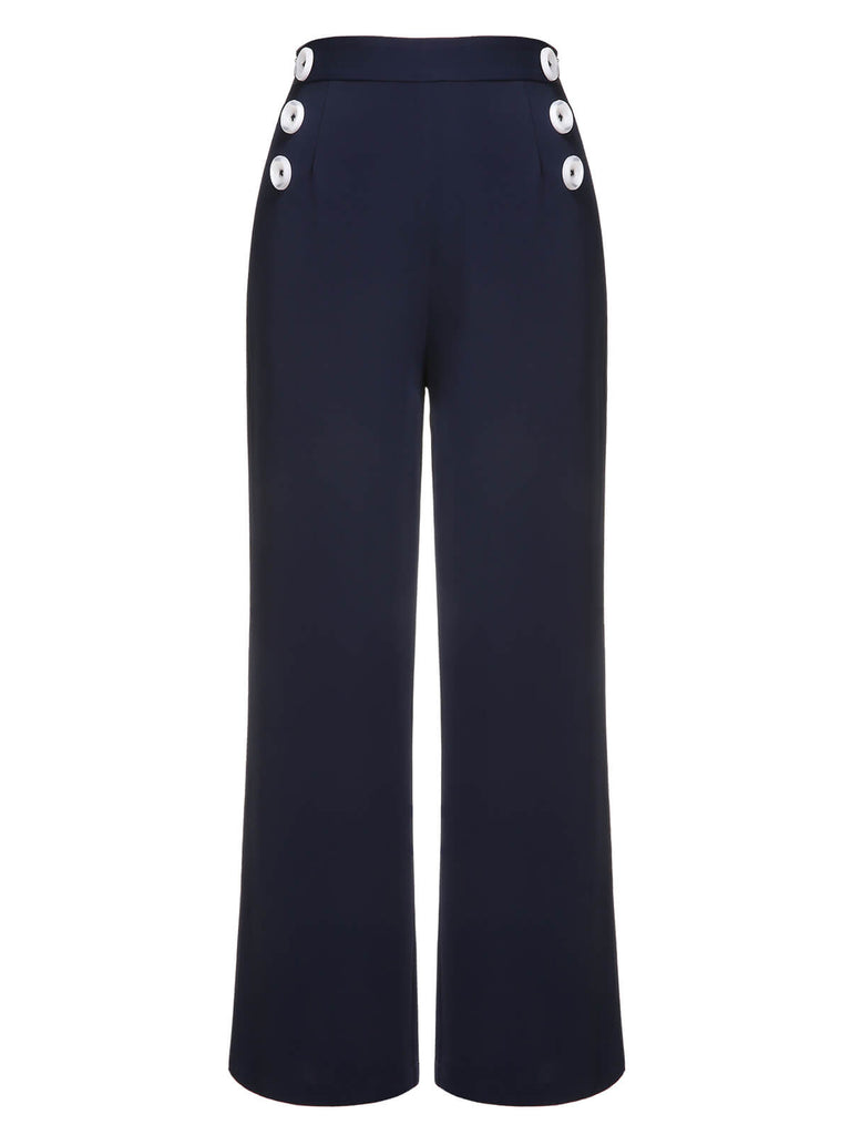 Dark Blue 1950s Solid Button Straight Pants