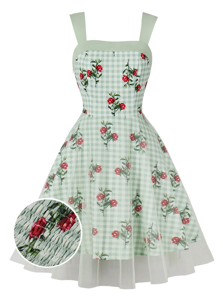 Green 1950s Plaid Floral Mesh Patchwork Dress