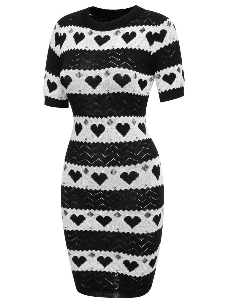 Black 1960s Contrasting Heart Knitting Dress