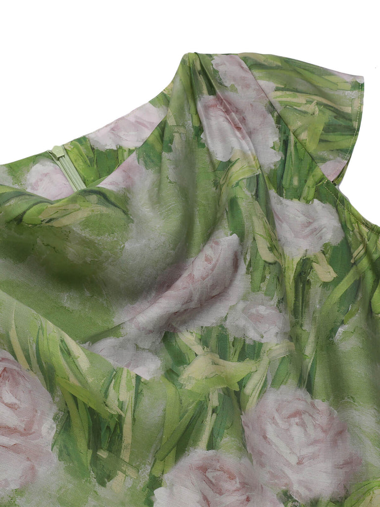 Green 1960s Oil-Painting Rose Dress