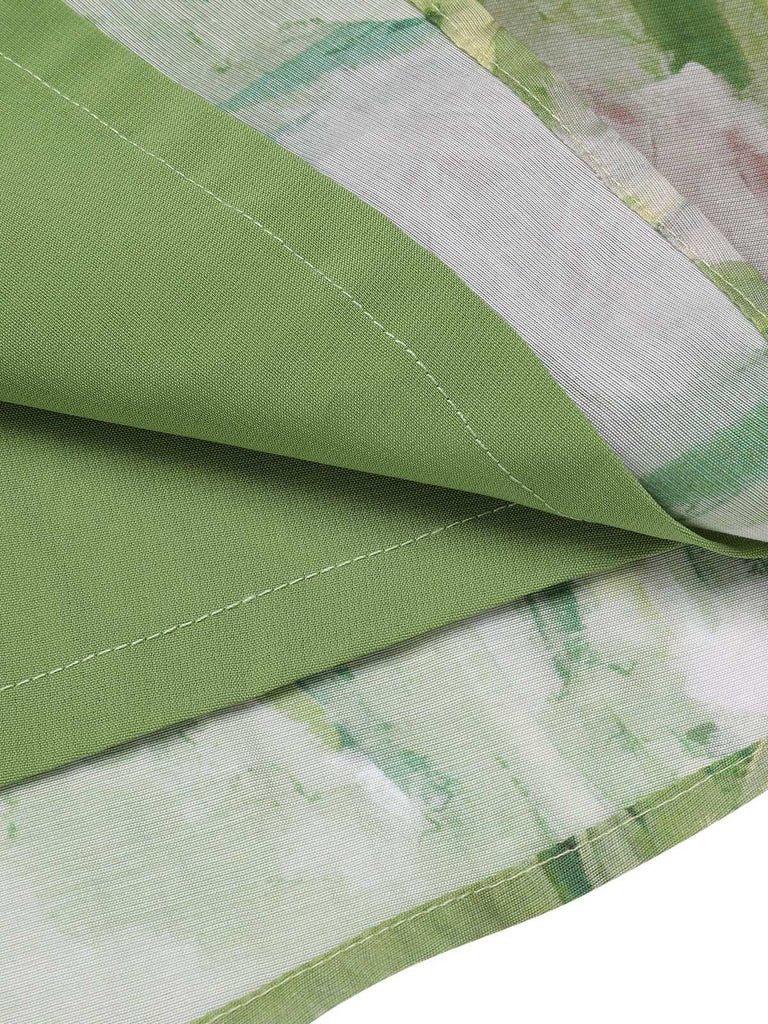 Green 1960s Oil-Painting Rose Dress