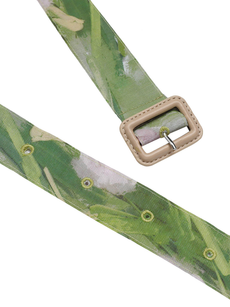 Green 1960s Oil-Painting Rose Dress