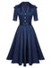 Blue 1940s Solid Short Sleeves Lapel Dress