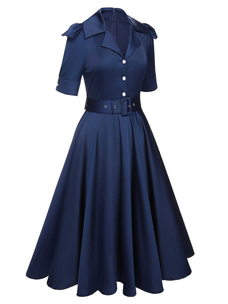 Blue 1940s Solid Short Sleeves Lapel Dress