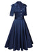 Blue 1940s Solid Short Sleeves Lapel Dress