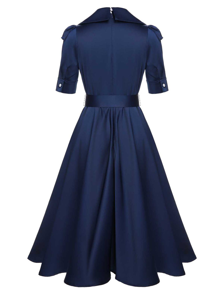 Blue 1940s Solid Short Sleeves Lapel Dress