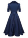 Blue 1940s Solid Short Sleeves Lapel Dress