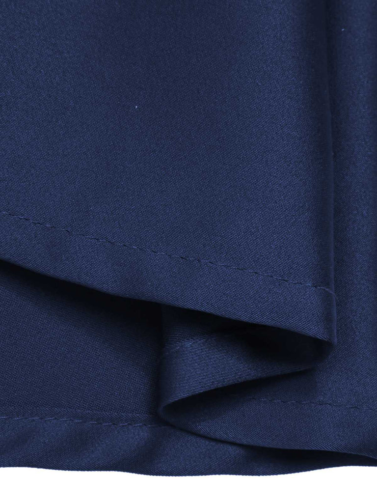 Blue 1940s Solid Short Sleeves Lapel Dress