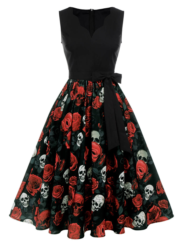 Black 1950s Halloween Skull Rose Sleeveless Dress