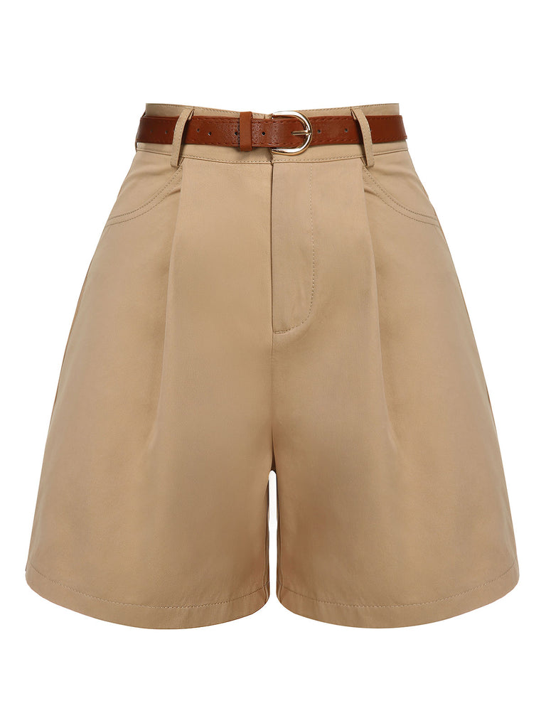 Khaki 1950s Solid Cotton Blend Belted Shorts