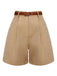 Khaki 1950s Solid Cotton Blend Belted Shorts