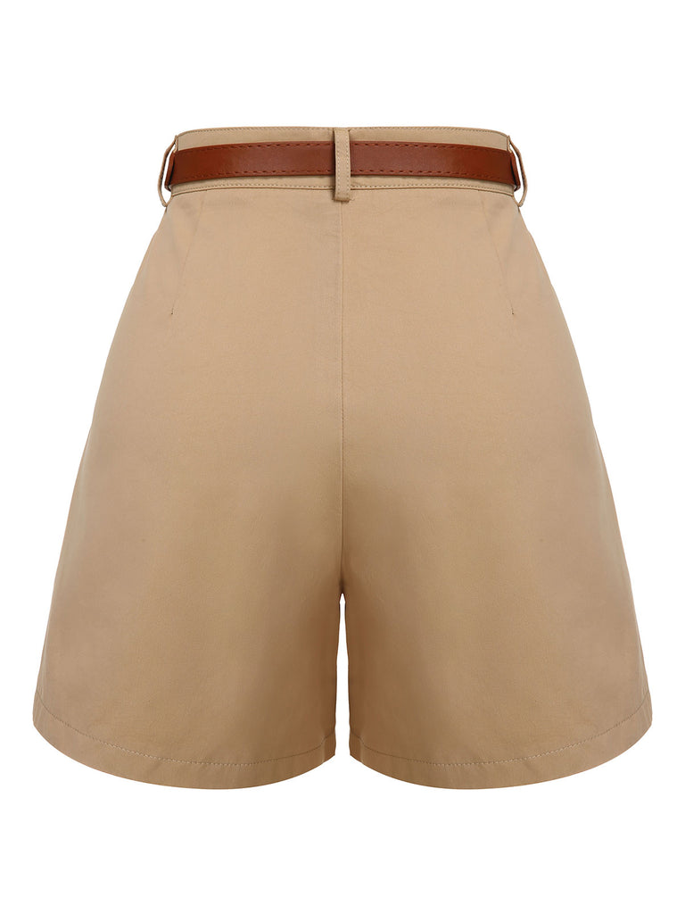 Khaki 1950s Solid Cotton Blend Belted Shorts