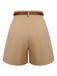 Khaki 1950s Solid Cotton Blend Belted Shorts