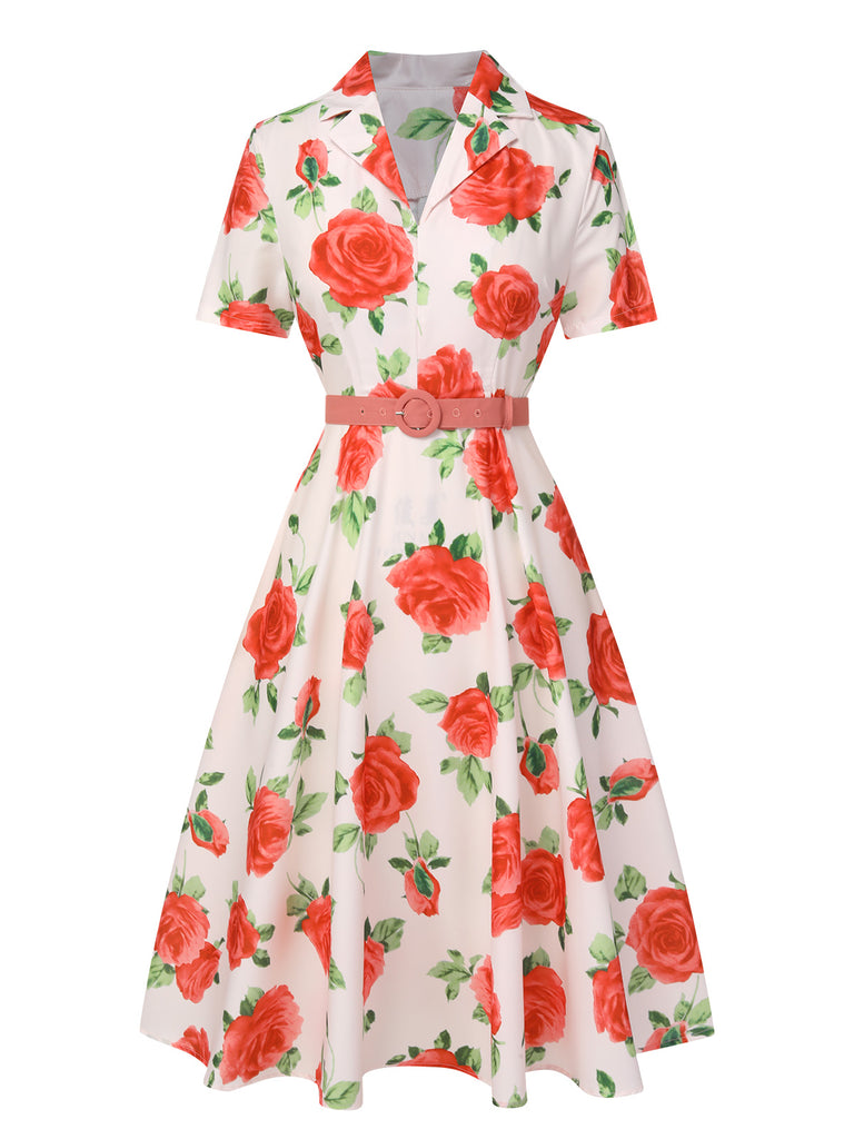 Beige 1950s Roses Lapel Dress With Belt
