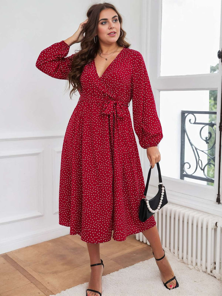 [Plus Size] Red 1940s V-Neck Polka Dot Lace-Up Dress