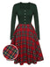 Green&Red 1950s Square Neck Plaids Long Sleeve Dress