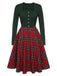 Green&Red 1950s Square Neck Plaids Long Sleeve Dress