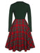 Green&Red 1950s Square Neck Plaids Long Sleeve Dress