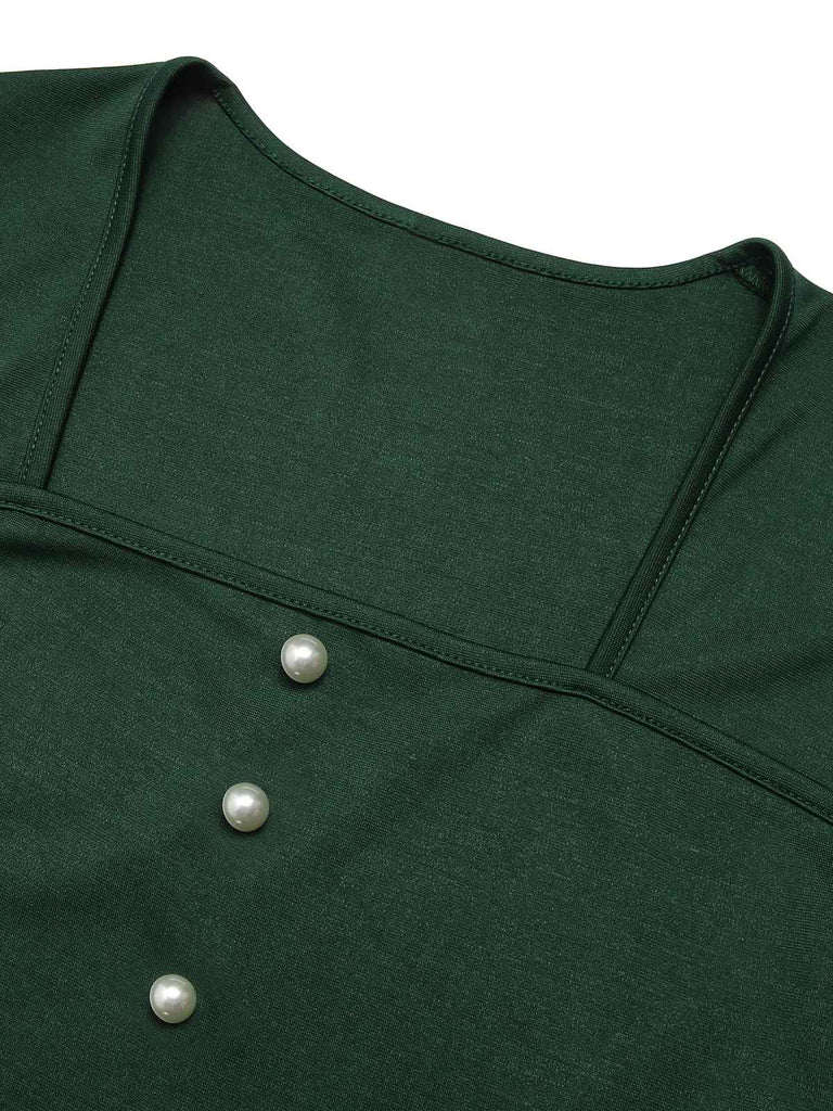 Green&Red 1950s Square Neck Plaids Long Sleeve Dress