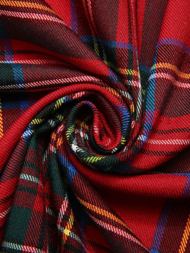 Green&Red 1950s Square Neck Plaids Long Sleeve Dress