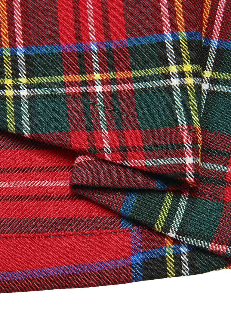 Green&Red 1950s Square Neck Plaids Long Sleeve Dress