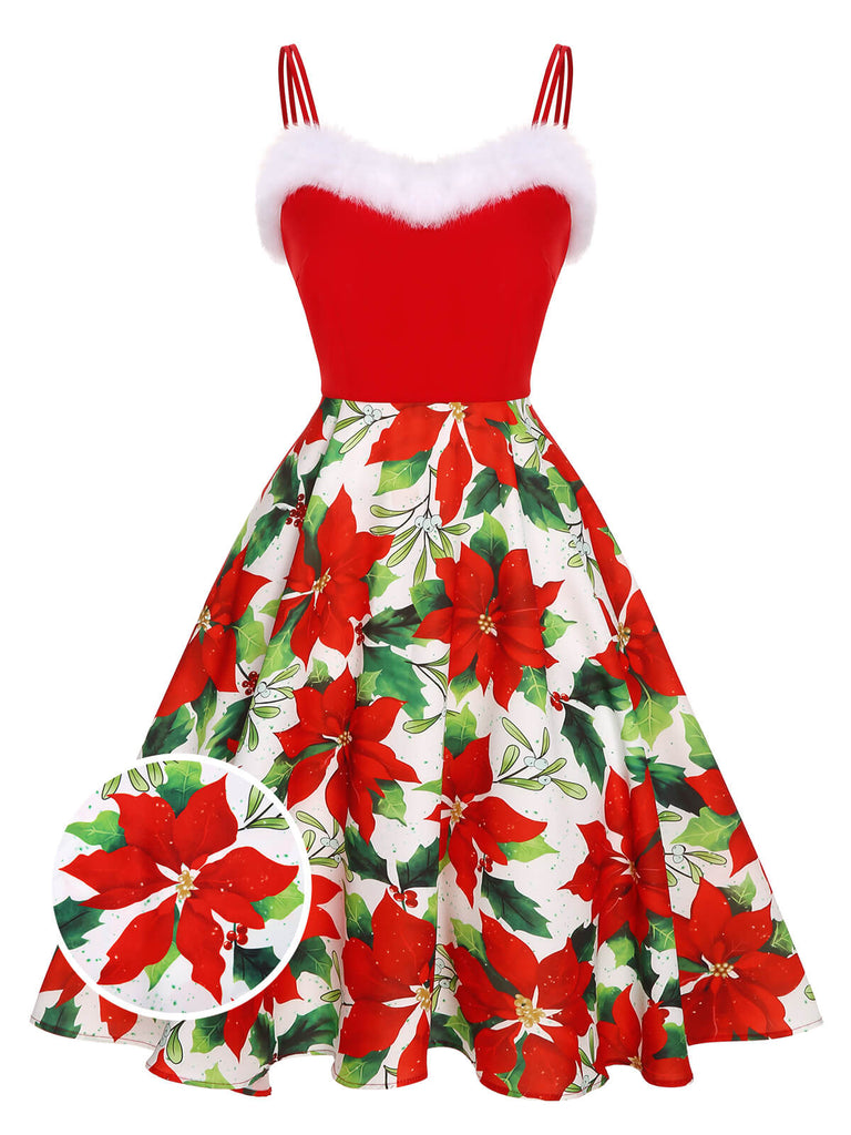 Red 1950s Christmas Poinsettia Shaggy Trimmed Dress