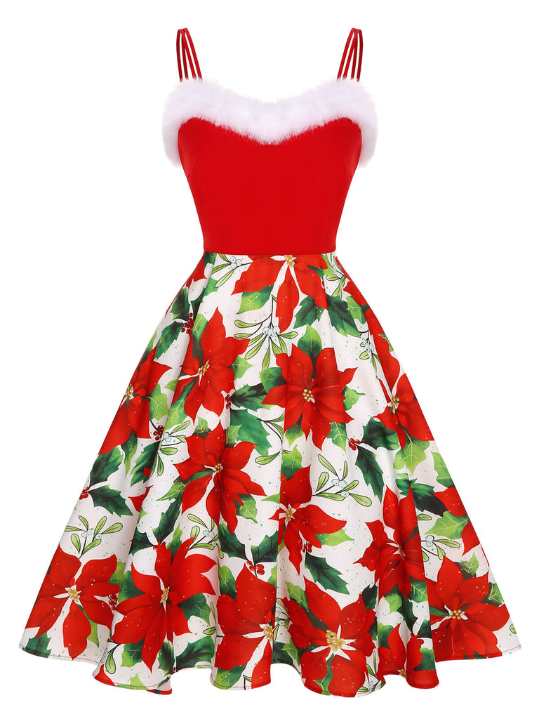Red 1950s Christmas Poinsettia Shaggy Trimmed Dress