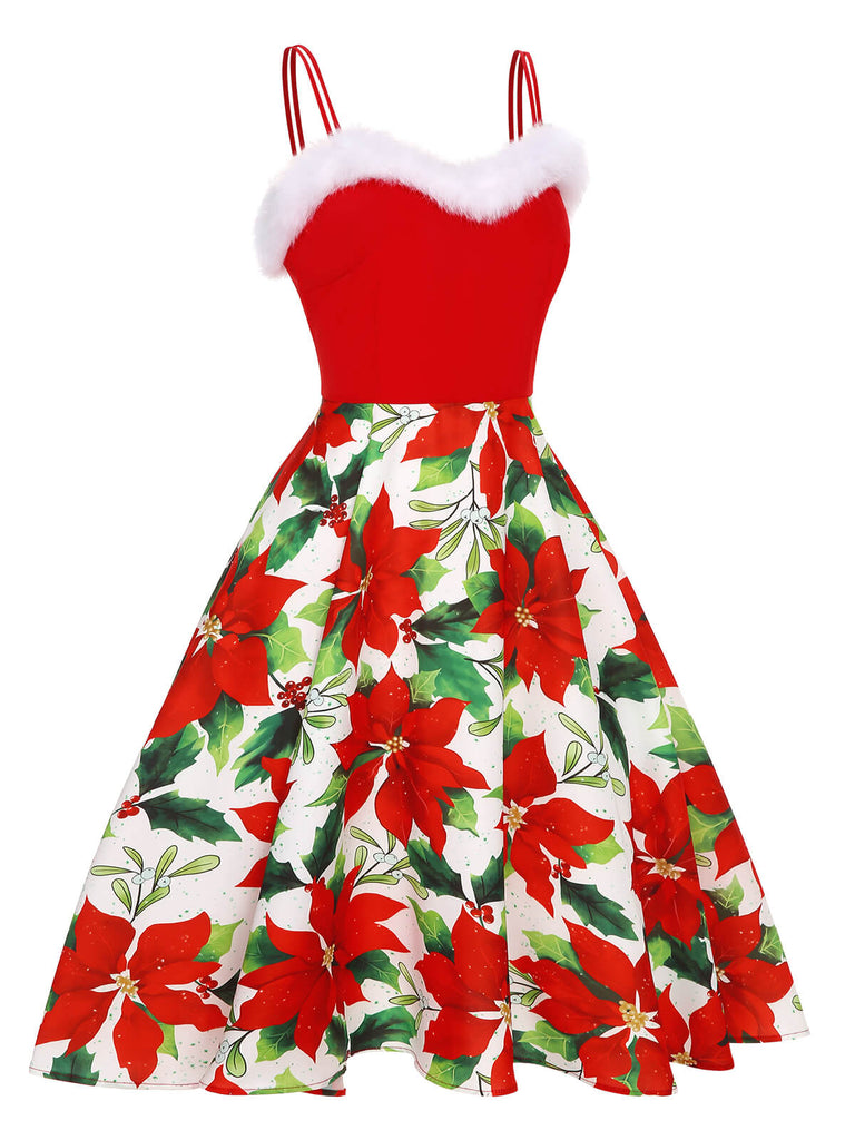 Red 1950s Christmas Poinsettia Shaggy Trimmed Dress