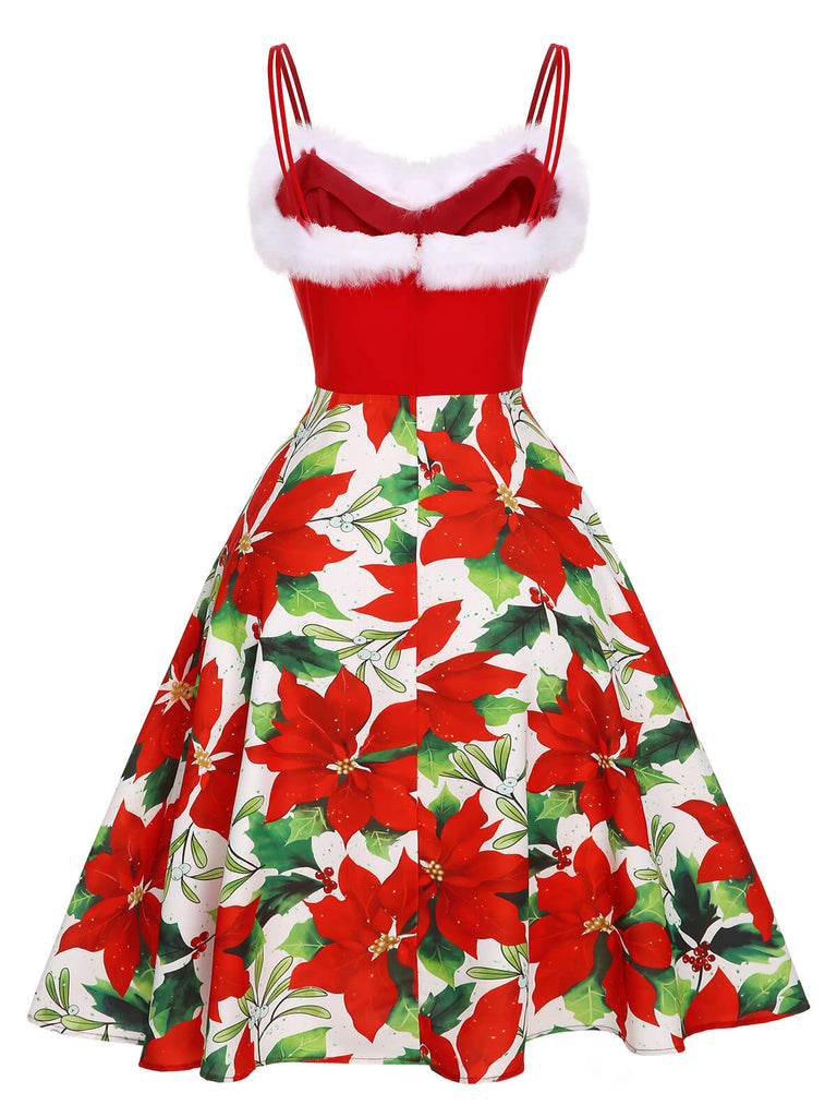 Red 1950s Christmas Poinsettia Shaggy Trimmed Dress